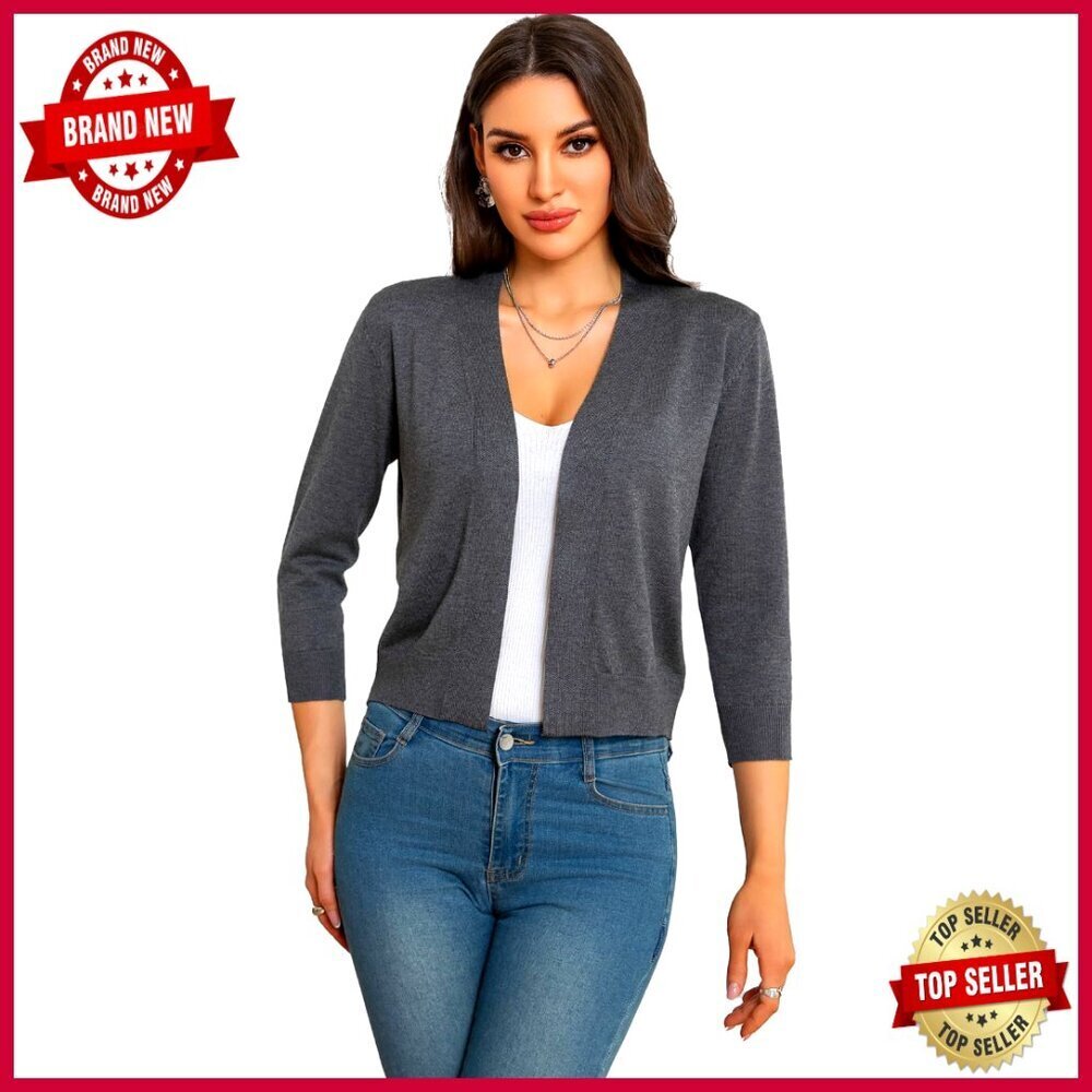 Cropped V-Neck Cardigan 3/4 Sleeve Lightweight Bolero Shrug Sweater